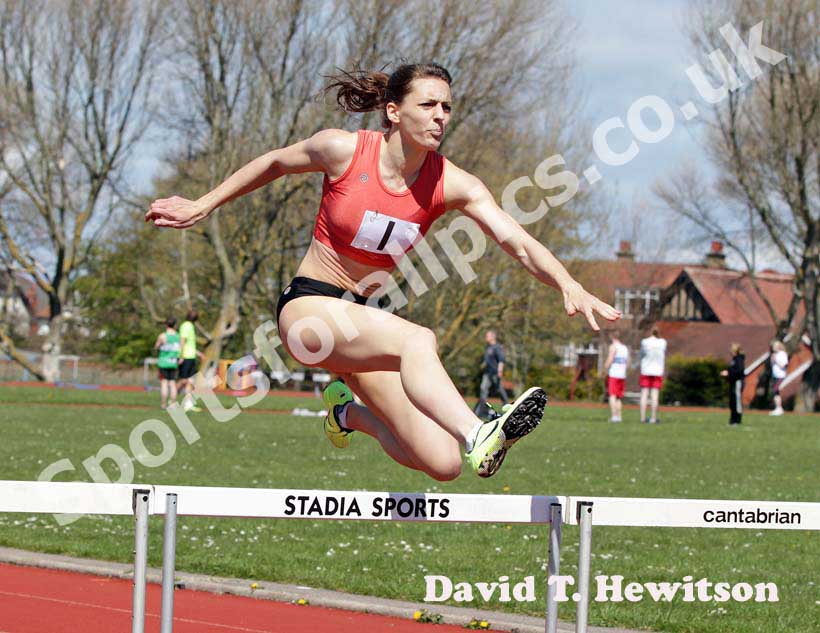 Samantha Coleby (Durham City) wins the 400 metres hurdles in 59.8sec. at the North of England, Div. 4E, Whitley Bay.